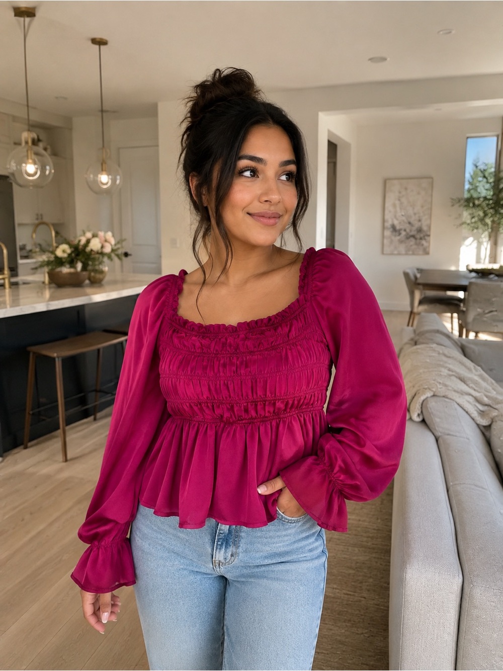 glam Smocked Peplum Blouse — Magenta Pink